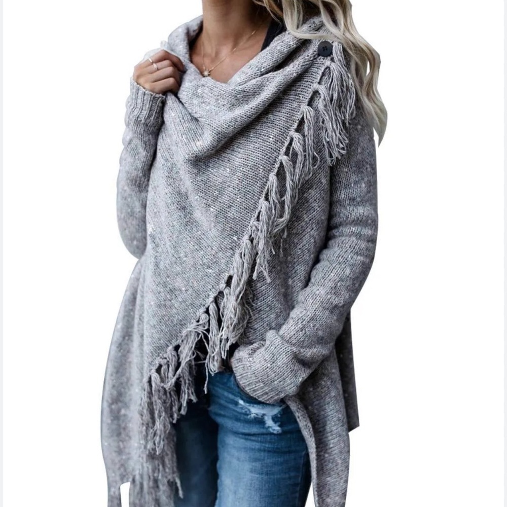 Gray Asymmetric Cowl Neck‎ Sweater with Fringe NWT